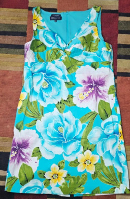 Jones New York Stretch Dress Size 14 Blue Tropical VNeck Woman's Sleeveless