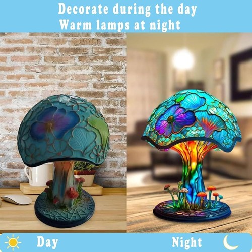 Painting Mushroom Table Lamp, 5.9 Inch New Stained Glass Plant Night Light, Bohe - Picture 6 of 6