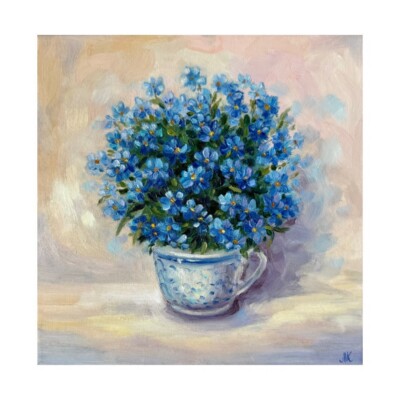 Original paintings Forget-me-nots Flowers artwork floral oil painting 10х10 inch
