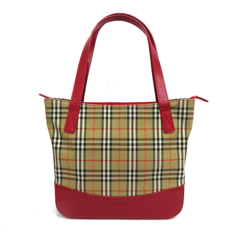 Used Burberry Tote Bag Plaid AB Rank Beige Red Leather Nylon Canvas BURBERRY W