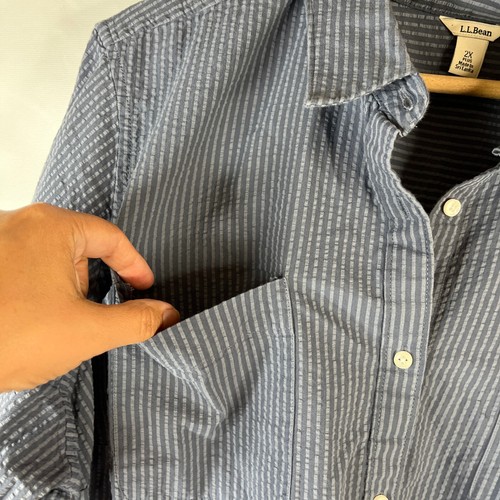 L.L. Bean Womens Tunic Top Size 2X Blue Striped Collared Button Up Chest Pockets - Picture 7 of 12
