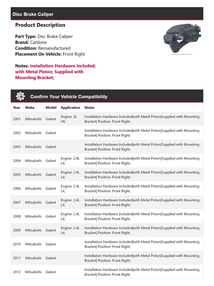 Pinza de freno de disco delantera derecha cardone 2002 2003 para Mitsubishi Galant 2001-2012 Foto 2 de 4