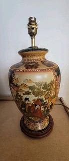 Vintage Japanese Satsuma Style Table Lamp Hand Painted Figural & Floral Vase