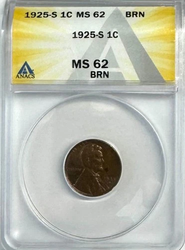1925-S Lincoln Wheat Penny , MS 62 BRN ANACS, NR