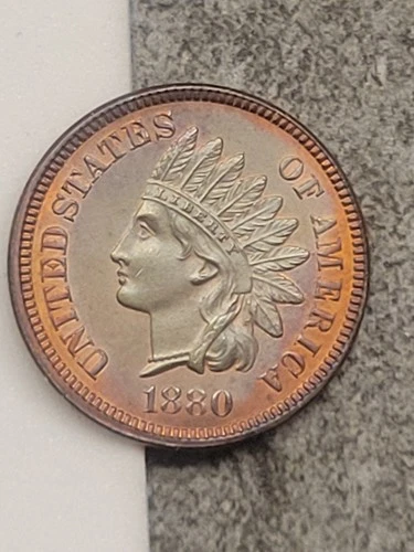 1880 BU RB Indian Head Cent Proof with Natural Toning, 4 Diamonds, Sharp Detail