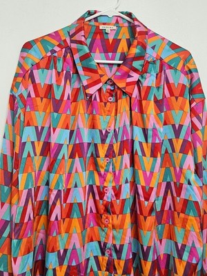 Jodifl Satin Blouse Sz 2X Button Up Long Sleeve Chevron Print Colorful Party Top