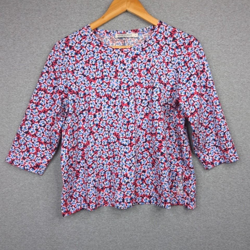 Sportscraft Top Womens S Red Pink Floral T-Shirt Cotton Tee Casual Work