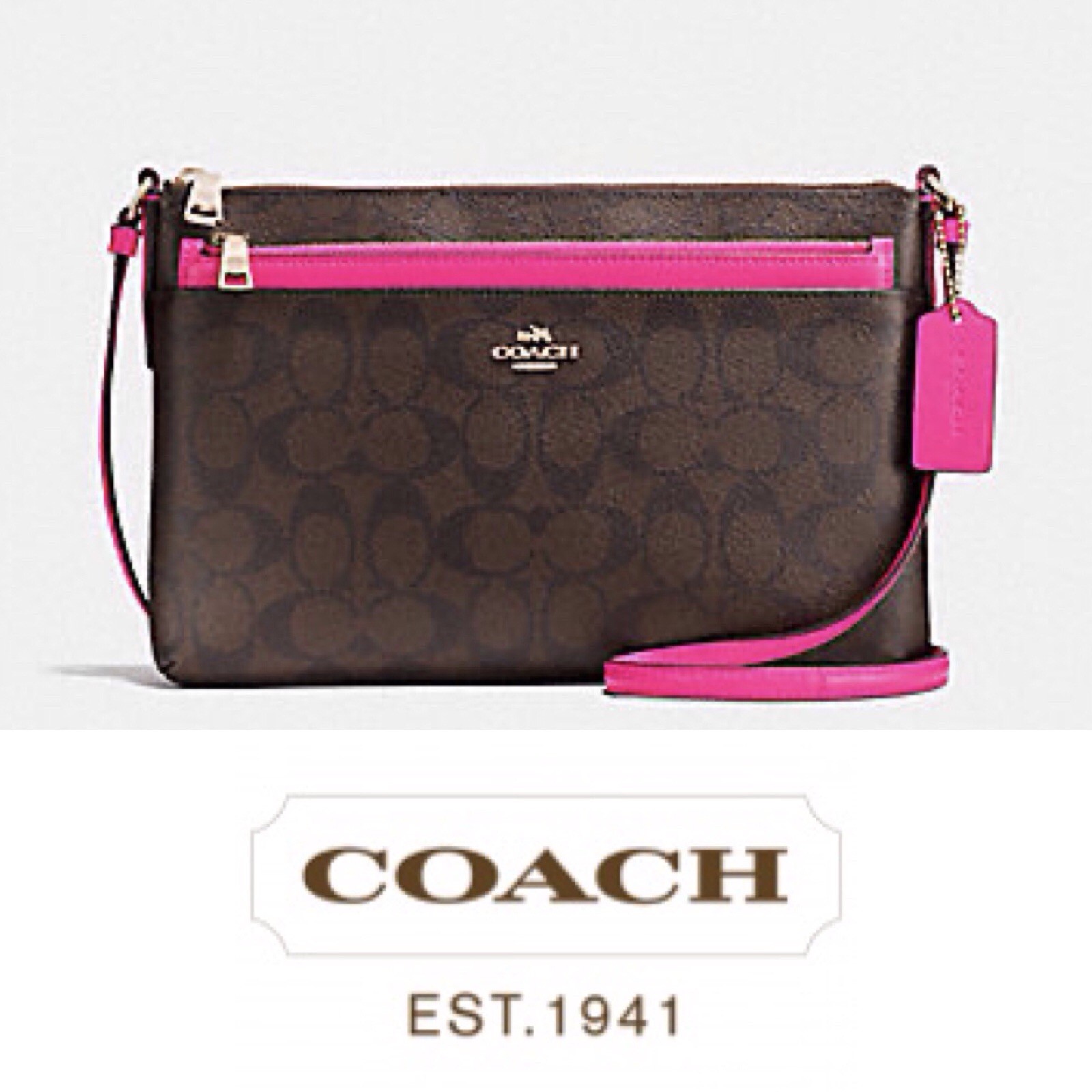 Coach Signature East-West Crossbody Bag in Khaki & Fuchsia Pink  