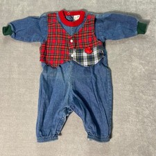 Vintage Buster Brown Denim Plaid Faux Vest Romper 6-9M Blue Red Green Cowboy Hat