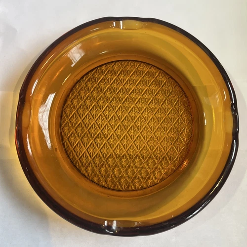 8" Heavy, Amber Blenko Waffle Art Glass Retro Mid-Century Ashtray