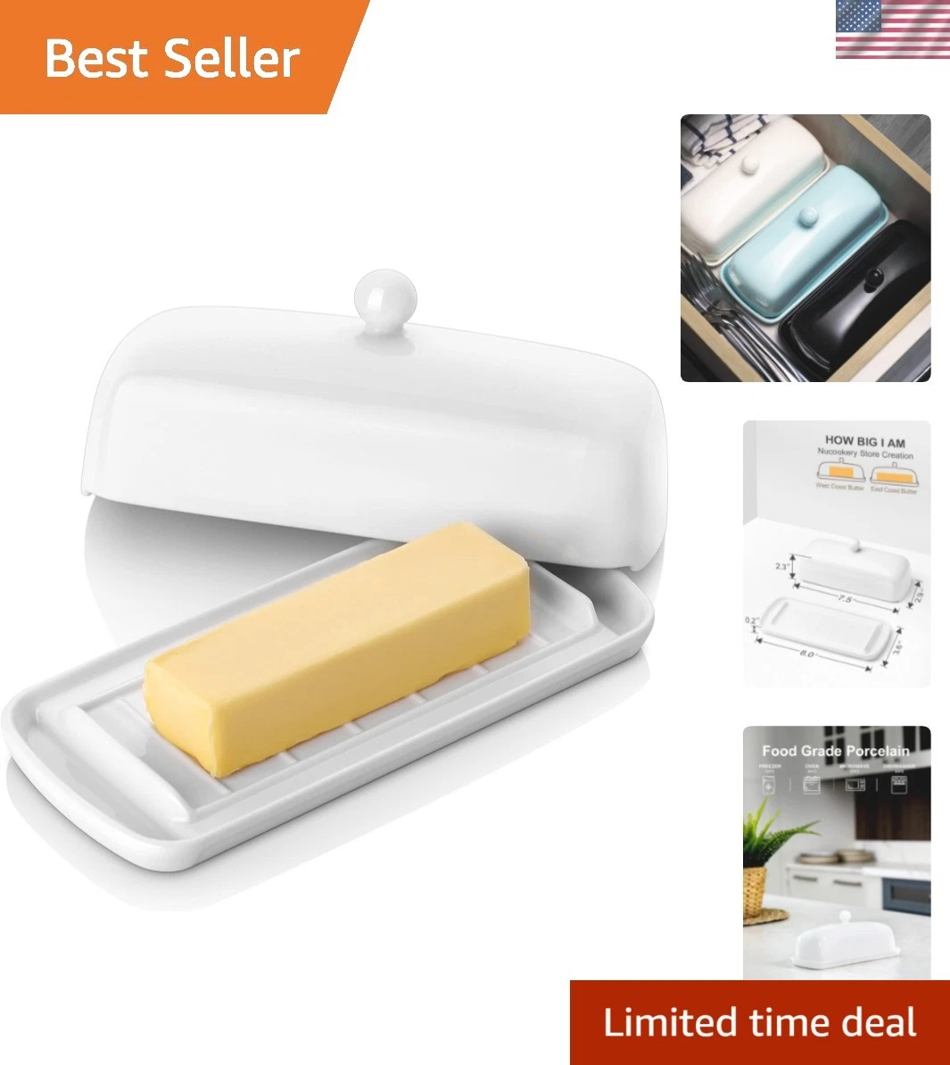 Porcelain Butter Dish - Clean Table Design - Ceramic Butter Dishes with Lid f...