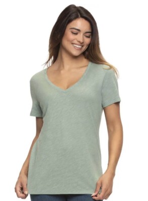 Felina Lily Pad Green Women's V-Neck Slub Knit Tee Sz L #E218