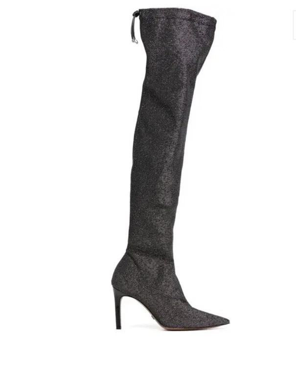 Bota Free People Vicenza Tono Plateado Tejido Brillante Corbata Sobre la Rodilla Tacón Alto NUEVA 9 Foto 4 de 4