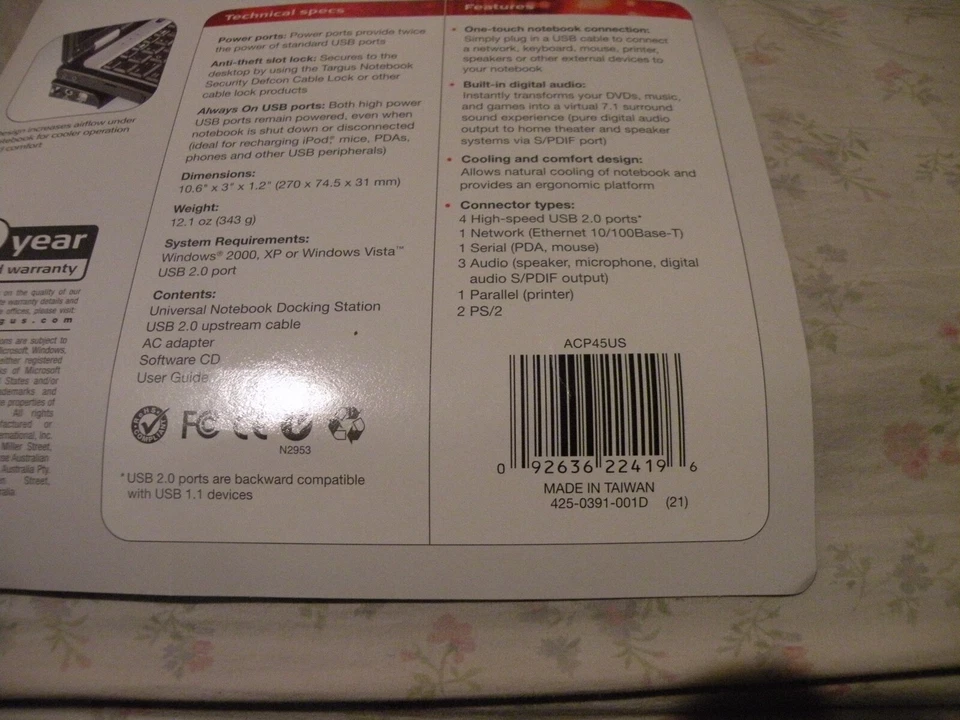 Targus ACP45US Universal Laptop / Notebook Docking Station With Digital Audio - Image 2 of 4