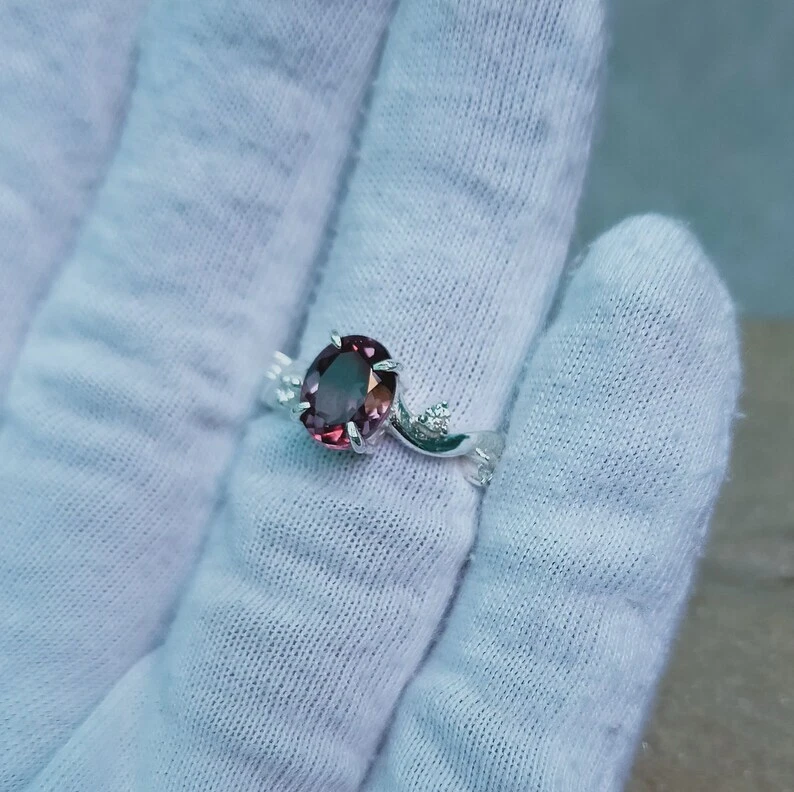 Anello alessandrite creato in laboratorio, anello in argento sterling 925, an... - Immagine 2 di 4