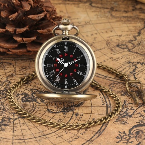 Women Men Bronze Roman Numerals Half Hunter Cover Quartz Pocket Watch Fob Chain - Picture 9 of 9