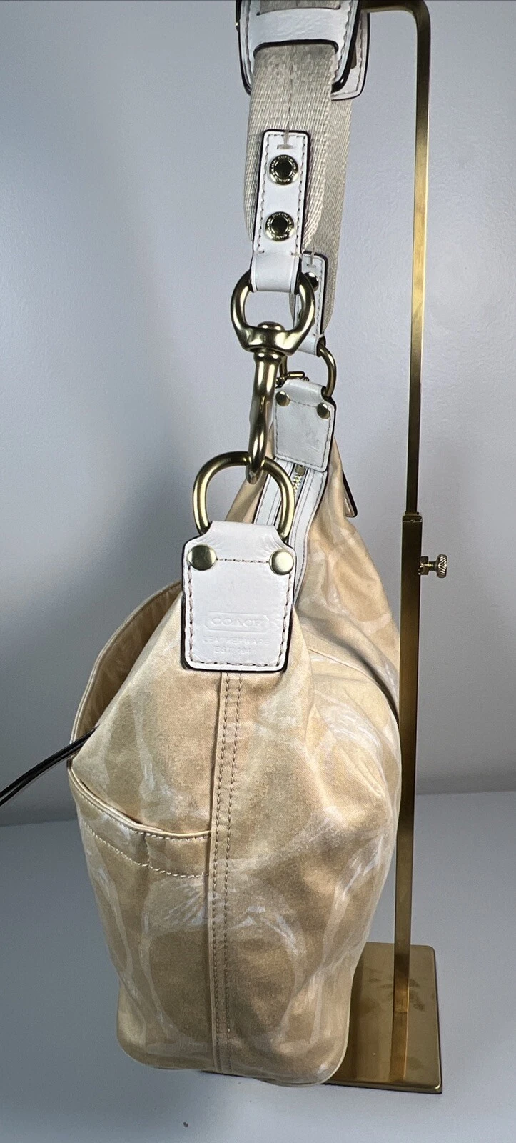 Borsa a tracolla Coach Auth Hampton giallo dorato tessuto scarabocchia pelle beige