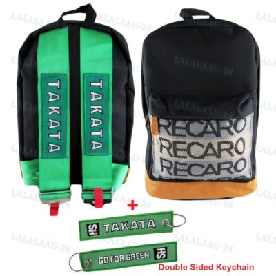 TAKATA RACING GREEN SHOULDER STRAPS JDM BRIDE RECARO RACING BACKPACK + KEYCHAIN