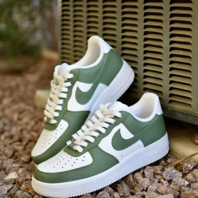 Nike Air Force 1 Custom Sneakers Low Two Tone Army Military Green White  Shoes