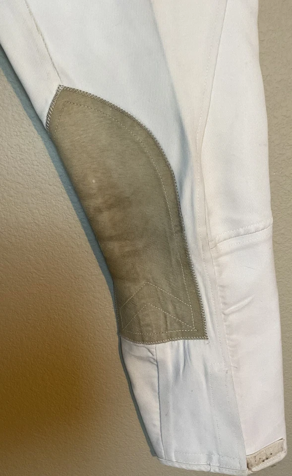 Pantalones cortos blancos vintage de deportista a medida para mujer, parches de rodilla de cuero EE. UU. 28R Foto 3 de 4