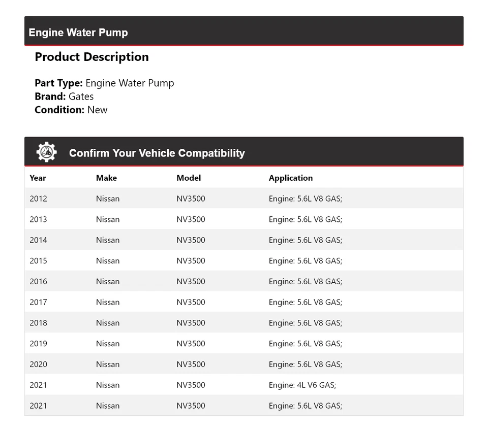 For 2012-2021 Nissan NV3500 Engine Water Pump Gates 2013 2014 2015 2016 2017 - Image 2 of 4