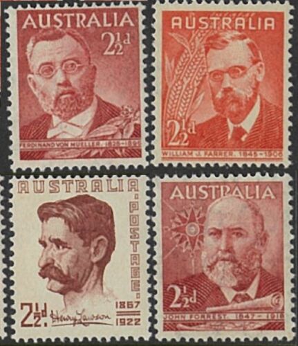 1940s Famous Australian's Stamp Set 4x 21/2d - Lawson/Forrest/Farrer/Von Mueller - Afbeelding 1 van 1