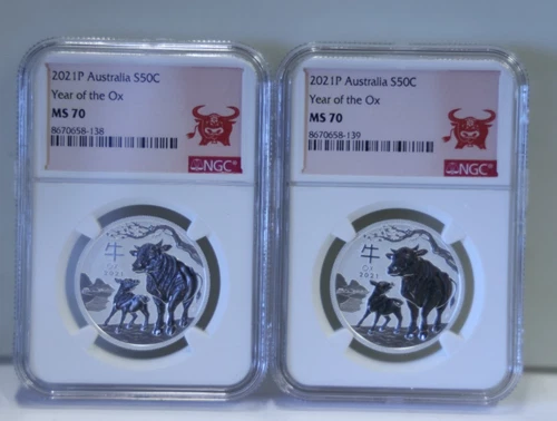 (2) 2021 P Australia 50c 1/2 oz. Silver Year of the Ox NGC MS70.