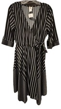 Wrapper Women’s M Black/White Striped Dress Front Tie Bow Midi Length NEW
