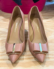 Salvatore Ferragamo Women's Pink Leather Pointed Toe Bow Logo Pumps US 9 B