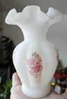 6" Fenton Hand Blown Hand Painted and Signed White with Pink Flowers Vase