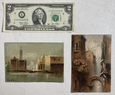 Vintage Original Miniature Oil Painting Architectural Cityscape 2x Signed 1985