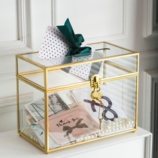 Glass Wedding Card Box with Slot and Lock, Large Clear Card Box Gold Brass Gi...