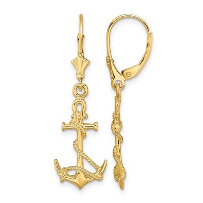 14k Yellow Gold 3-D Anchor W/ Shackle and Entwined Rope Leverback Earrings