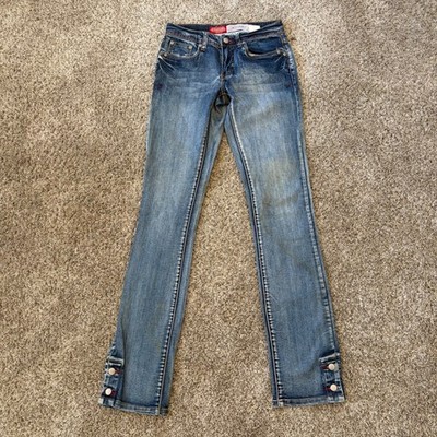 Farm Girl Gracie Bootcut Jeans Womens 27 Blue Fair Low Rise Button Hem Denim