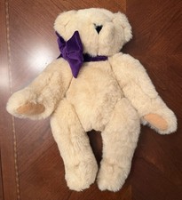 Vermont Teddy Bear Co. Plush Stuffed Animal Jointed 16  Beige W/ Purple Bow Tie