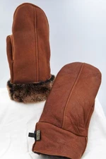 REAL GENUINE SHEEPSKIN SHEARLING LEATHER MITTENS UNISEX, AGED COGNAC BROWN S-2XL