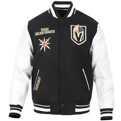 Vegas Golden Knights Black Body White Leather Sleeves Varsity Jacket Men Size2XL - product listing photo