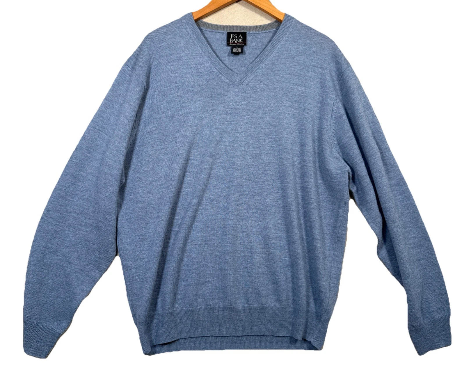 Jos A Bank Italian Merino Wool Sweater Mens Large Blue Long Sleeve V Neck Preppy