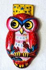 OLD TIN LITHO CHILDS TOY NOISE CLICKER / RED OWL / MADE IN JAPAN
