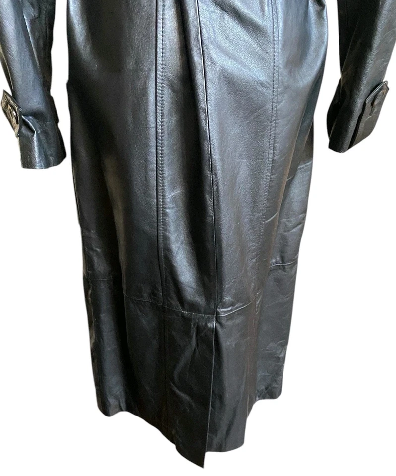 Vtg Leather Long Black Trench Coat Women PS Petite S Belt Avanti Jacket  - Image 4 of 4