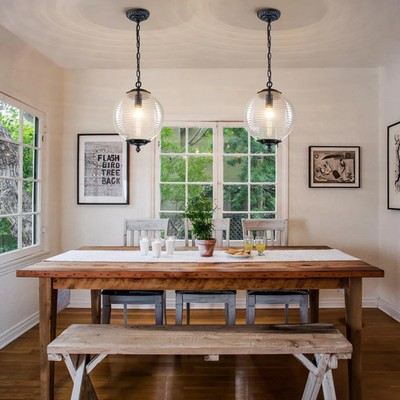 HUOKU 12-Inch Glass Globe Pendant Light   Black Farmhouse Hanging Chandelier