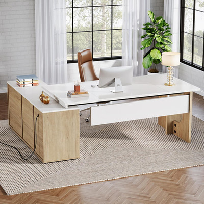 74.8 Inch Executive Desk, Large Office Desk with Cabinet, L Shaped Computer Desk