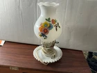 Vintage milk glass hurricane lamp hobnail details with painted roses, 11" x 6"
