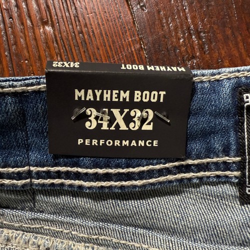 Pantalones de mezclilla Salvage Supply Co para hombre 34x32 azul caos bota elásticos descoloridos bigotes nuevos con etiquetas - Imagen 17 de 21