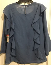 Attention Blouse Tops 3/4 Sleeve Sheer Knit Ruffle Crew Neck Blouse Size Small