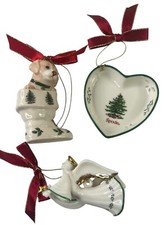 3 Porcelain Spode Christmas Tree Ornaments - Heart, Angel  Puppy in Stocking