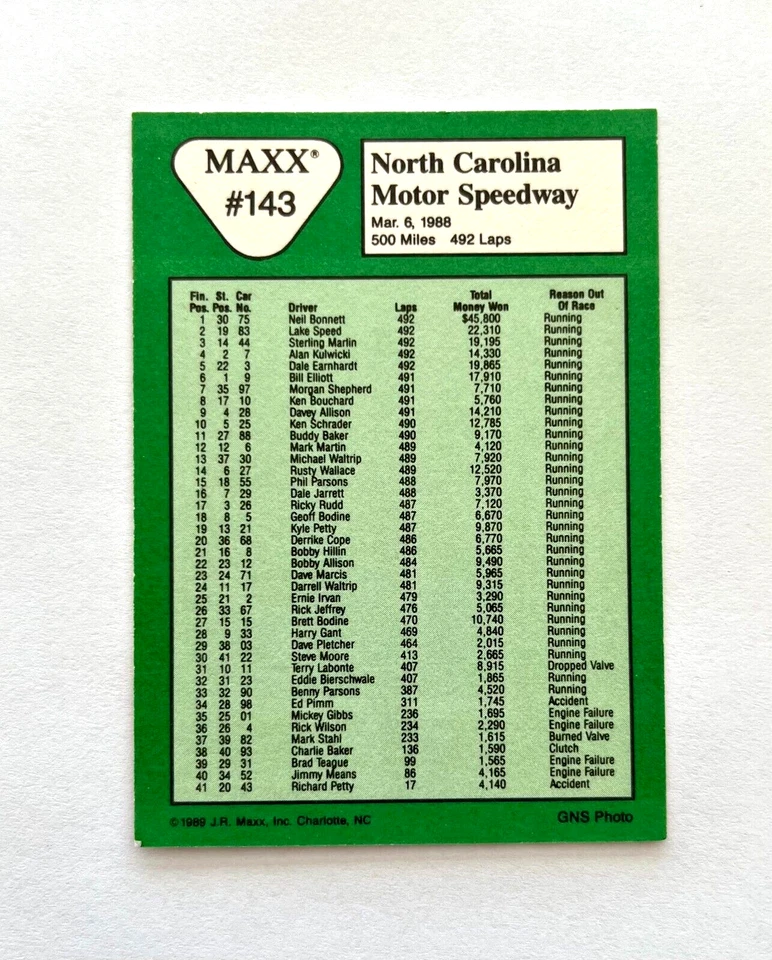 Neil Bonnett NASCAR 1989 Maxx #143 North Carolina Win Autographed Signed - Image 4 of 4