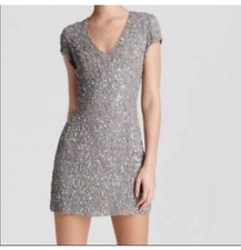 Parker Serena Silver Beaded Cap Sleeve Sheath Cocktail Evening Dress Small