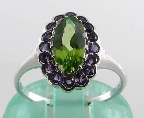 LOVELY 9K 9CT WHITE GOLD PERIDOT AMETHYST CLUSTER ART DECO INS RING FREE RESIZE - Picture 1 of 5