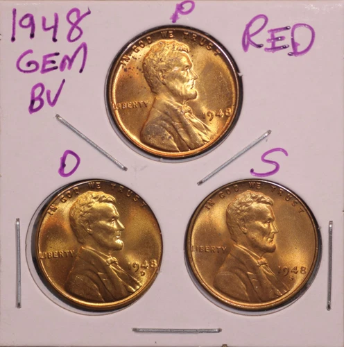 1948 P D S LINCOLN WHEAT CENT PENNY 1C GEM RED BU SET (3 COINS) 48703